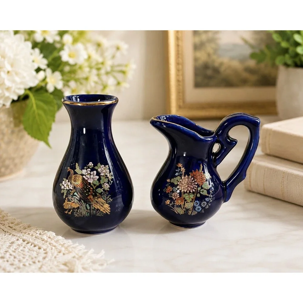 Vintage Cobalt Blue Mini Vase & Creamer Pitcher Set with Gold Trim – Floral &...